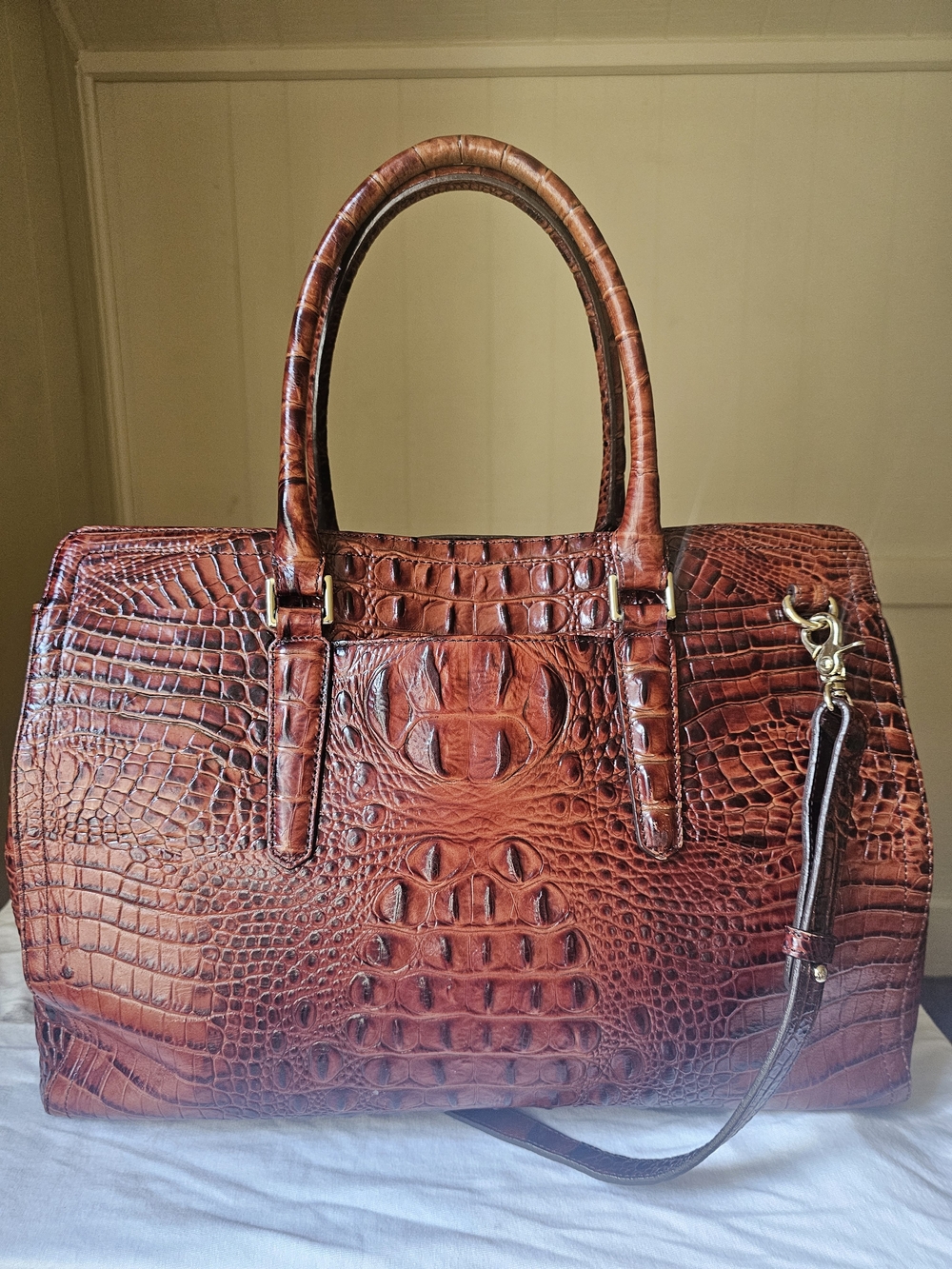 Brahmin Large Brown Croc Embossed Leather Satchel Shoulder Bag